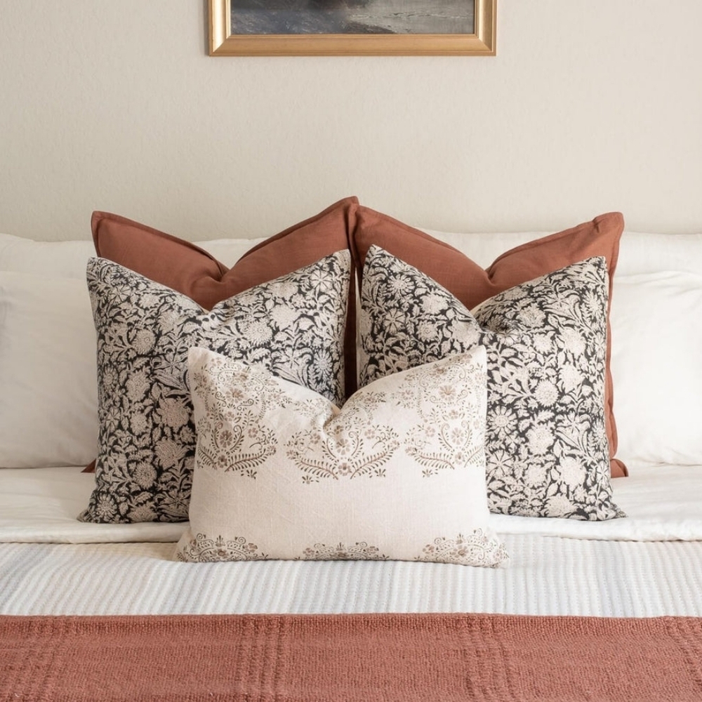 Pilar Floral Block Printed Pillow Cover | Olive, Light Brown, Tan | Lumbar 14x20 - Picture 3 of 6